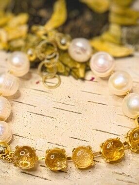 Genuine Yellow Citrine & Large Baroque Pearls In Trendy Gold Plated Bracelet